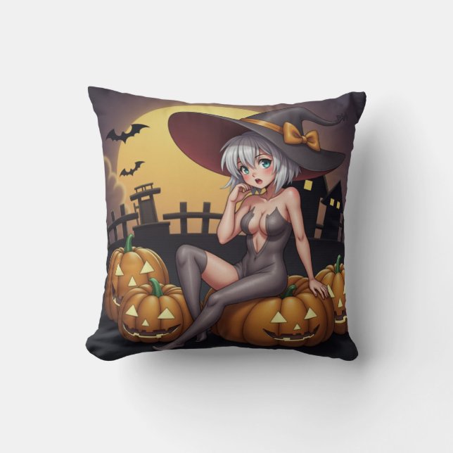 Hot Witch in Halloween Pumpkin Patch Throw Pillow (Front)