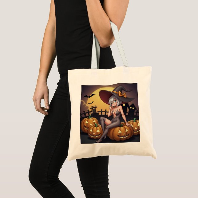 Hot Witch in Halloween Pumpkin Patch Tote Bag (Front (Product))