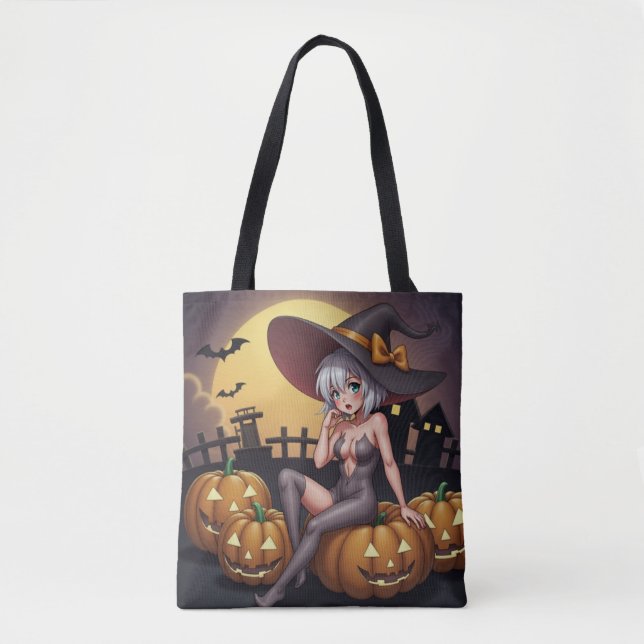 Hot Witch in Halloween Pumpkin Patch Tote Bag (Front)