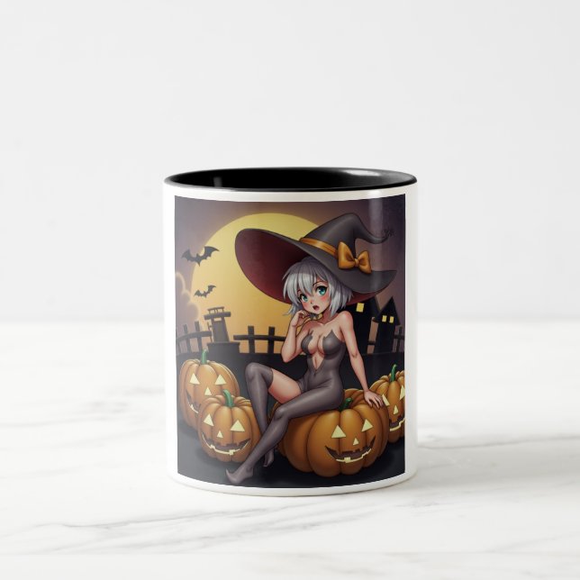 Hot Witch in Halloween Pumpkin Patch Two-Tone Coffee Mug (Center)