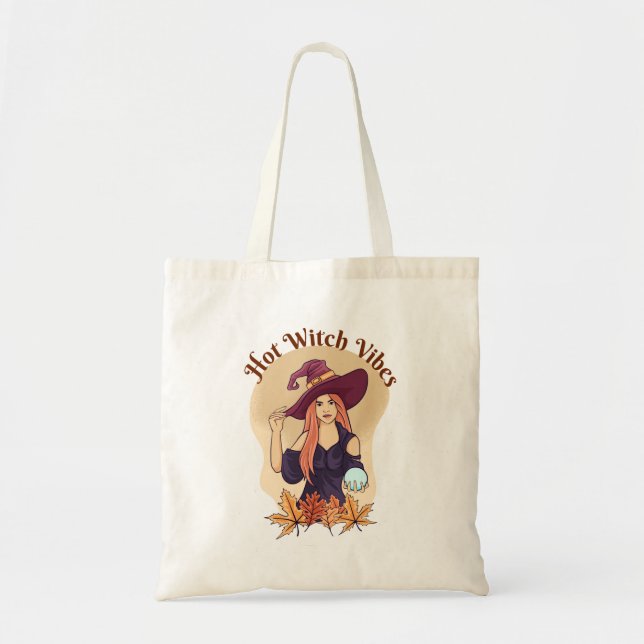Hot Witch Vibes Cute Ghost Funny Halloween Tote Bag (Front)