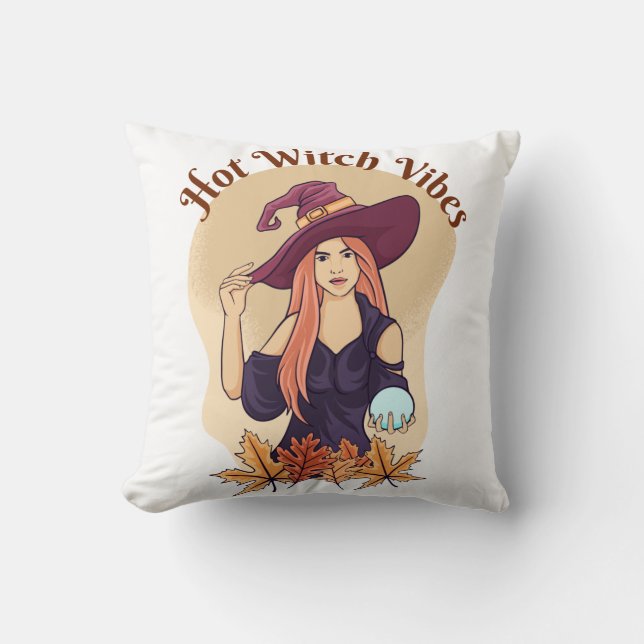 Hot Witch Vibes Ghost Funny Halloween Groovy Throw Pillow (Front)