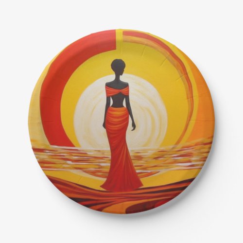 Hot yellow orange red african woman art painting paper plates