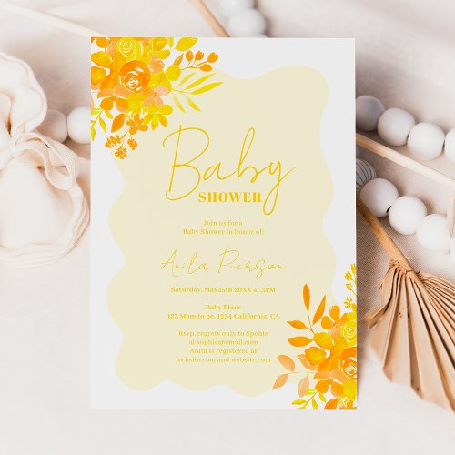 Hot yellow wavy frame boho floral baby shower invitation