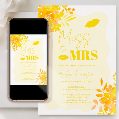 Hot yellow wavy frame boho floral bridal shower invitation