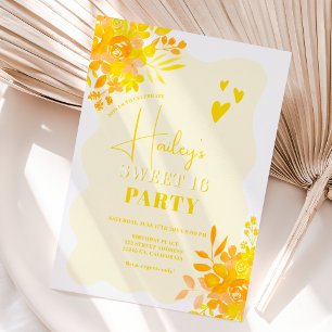Hot yellow wavy frame boho floral Sweet 16 Invitation