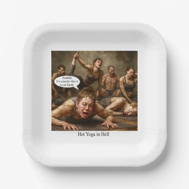 Hot Yoga in Hell.  Paper Plates (Front)