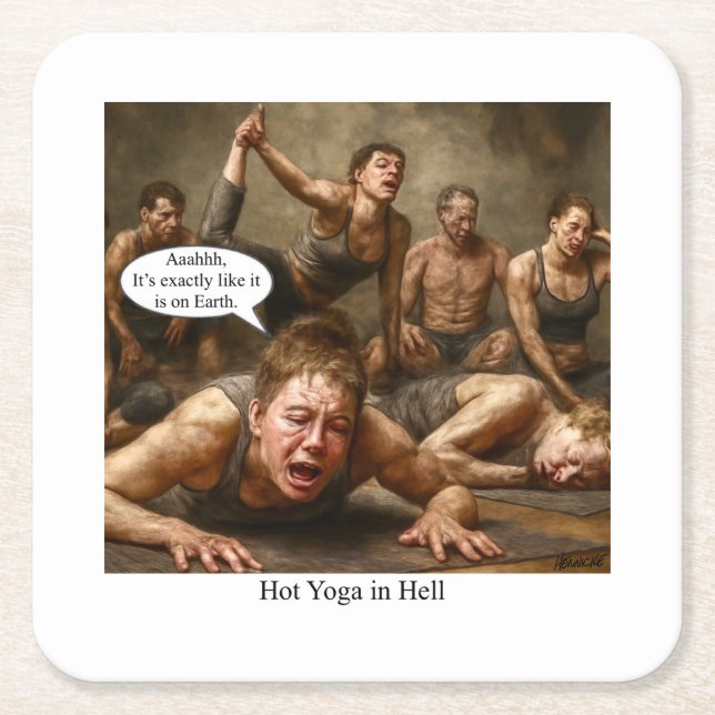 Hot Yoga in Hell.  Square Paper Coaster (Front)