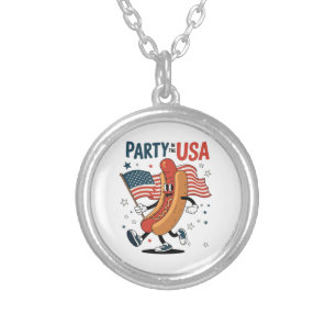 Hotdog 4th of July fireworks Independence Day Silver Plated Necklace