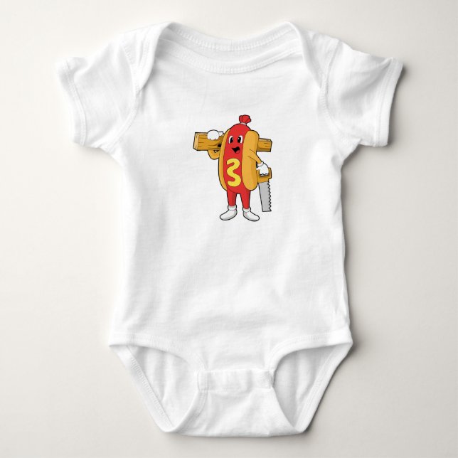 Hotdog as Carpenter with Saw & Wood Baby Bodysuit (Front)