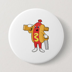 Hotdog as Carpenter with Saw & Wood Button
