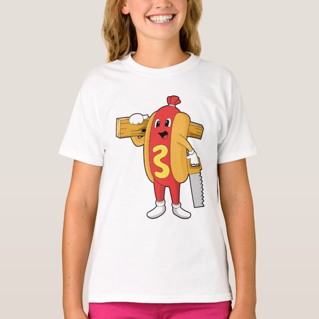 Hotdog as Carpenter with Saw & Wood T-Shirt (Front)
