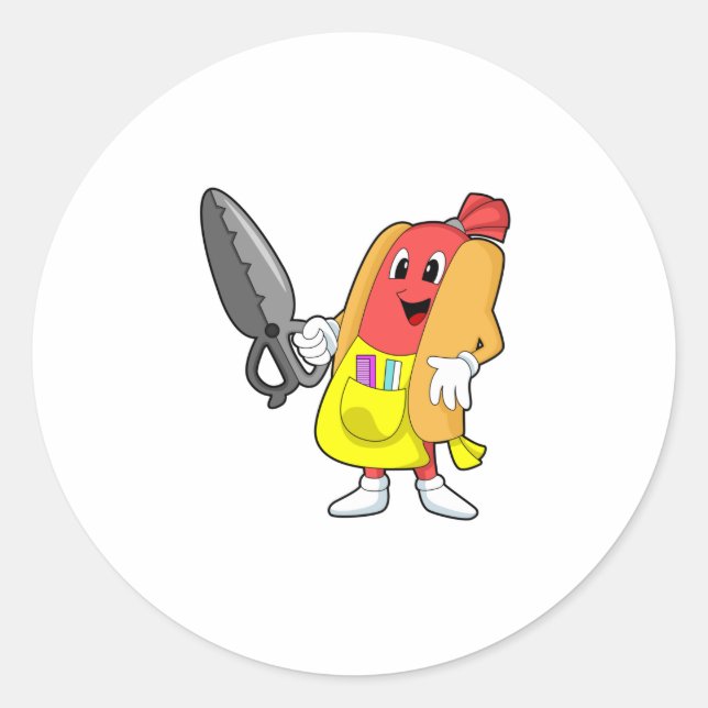 Hotdog as Hairdresser with Scissors Classic Round Sticker (Front)