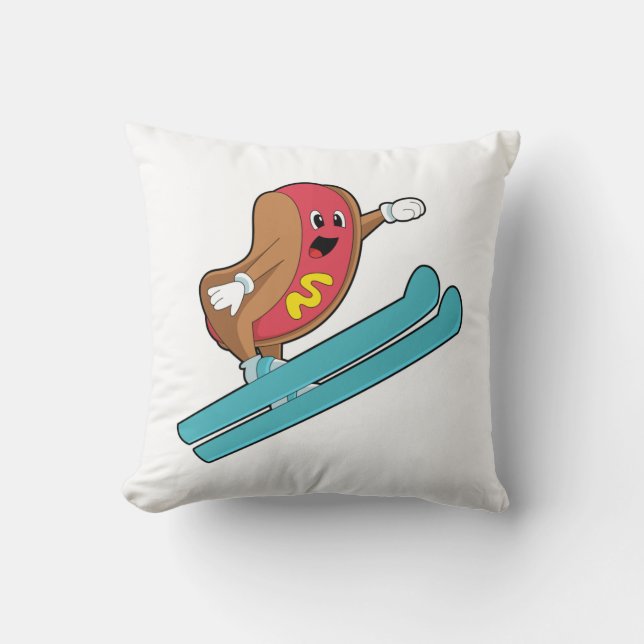 Hotdog as Ski jumper with Ski.PNG Throw Pillow (Front)