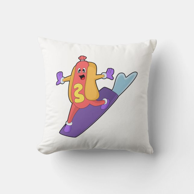 Hotdog as Snowboarder with Sonowboard Throw Pillow (Front)