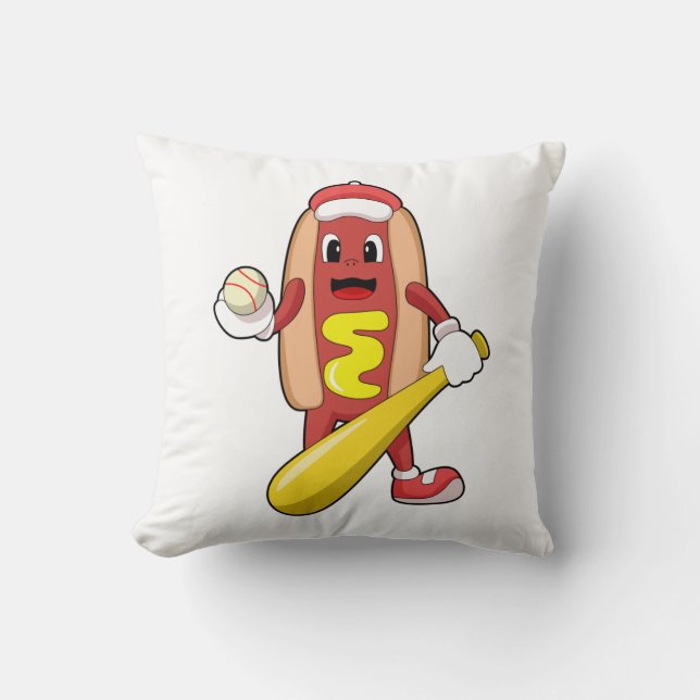 Hotdog at Baseball with Baseball bat Throw Pillow (Front)