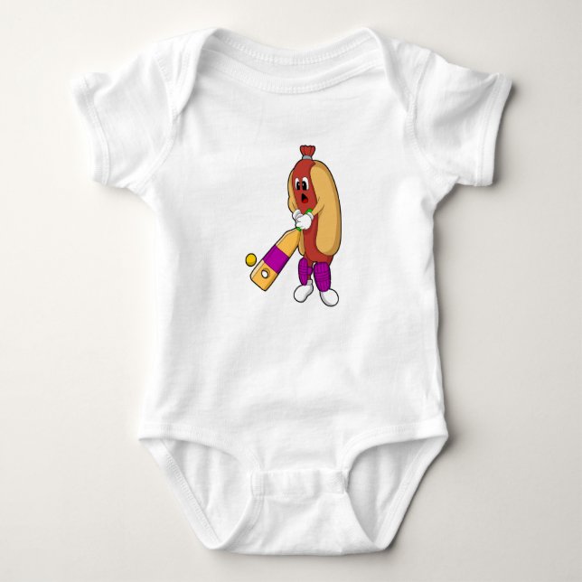 Hotdog at Cricket with Cricket bat Baby Bodysuit (Front)