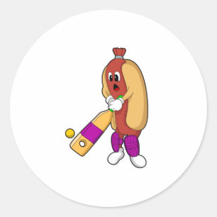 Hotdog at Cricket with Cricket bat Classic Round Sticker