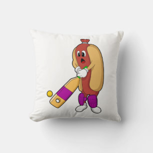 Hotdog at Cricket with Cricket bat Throw Pillow