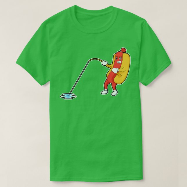 Hotdog At Fishing With Fishing Rod  T-Shirt (Design Front)