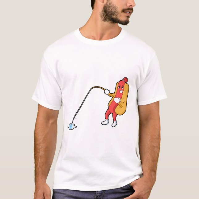 Hotdog at Fishing with Fishing rod T-Shirt (Front)