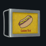 Hotdog Belt Buckle<br><div class="desc">Cartoon illustration of hotdog on yellow junk food seamless background. Custom text.</div>