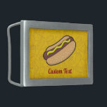 Hotdog Belt Buckle<br><div class="desc">Cartoon illustration of hotdog on yellow junk food seamless background. Custom text.</div>
