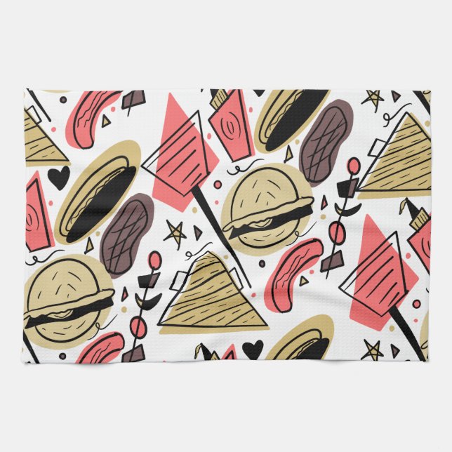 Hotdog Burger Doodle BBQ Birthday Pattern       Kitchen Towel (Horizontal)