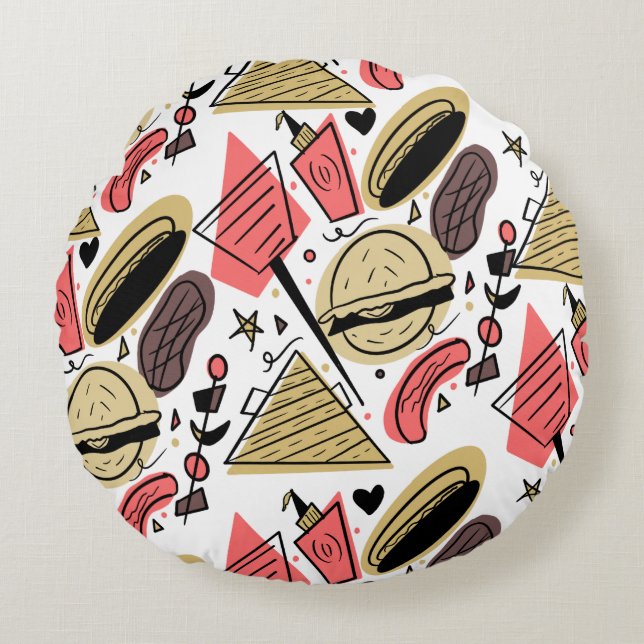 Hotdog Burger Doodle BBQ Birthday Pattern        Round Pillow (Front)