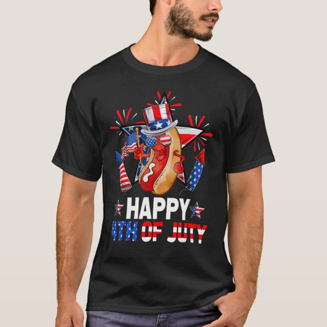 Hotdog Fireworks American Flag Happy 4th Of July T-Shirt (Front)
