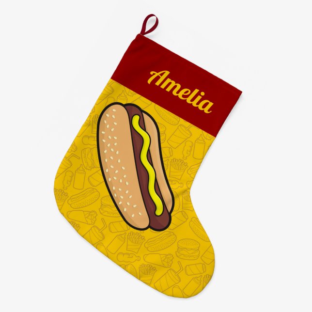 Hotdog Large Christmas Stocking (Front (Hanging))