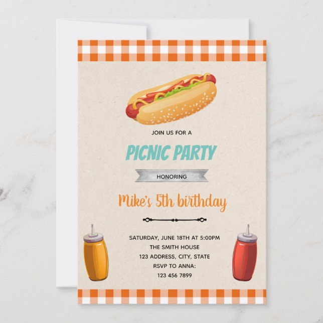 Hotdog picnic birthday theme invitation (Front)