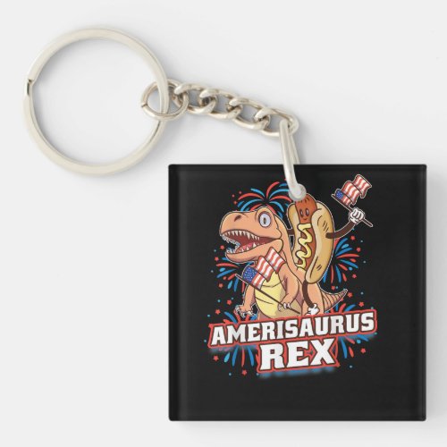 Hotdog T Rex Dinosaur 4th of July Amerisaurus Funn Keychain