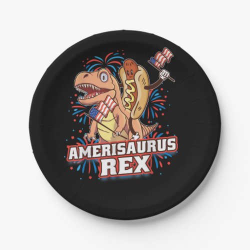 Hotdog T Rex Dinosaur 4th of July Amerisaurus Funn Paper Plates