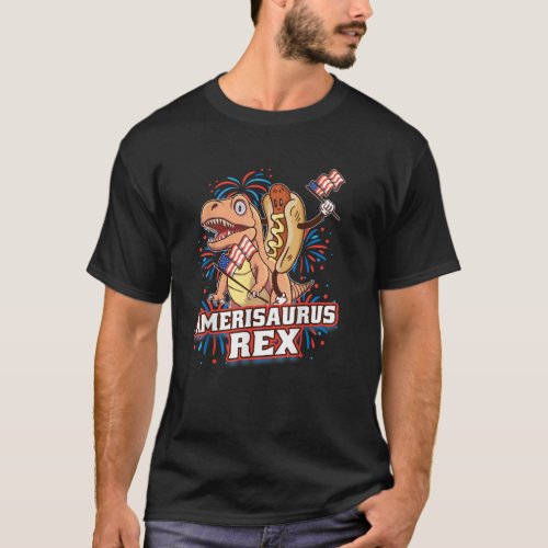 Hotdog T Rex Dinosaur 4th of July Amerisaurus Funn T_Shirt