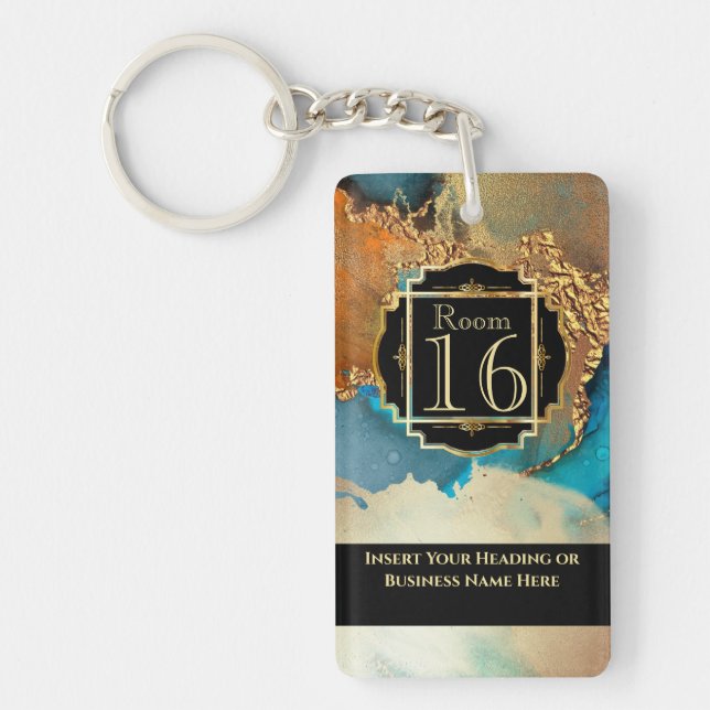 Hotel lodge resort faux gold orange blue marble keychain (Front)