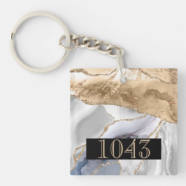 Hotel lodge resort faux gold white marble stone keychain (Front)