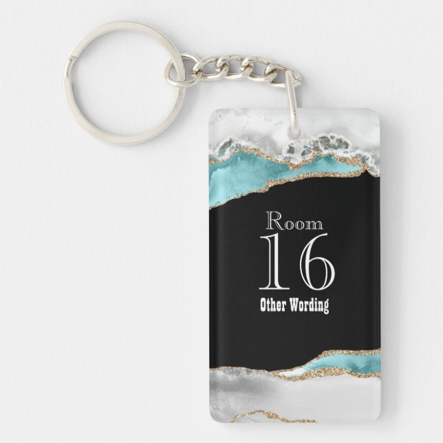 Hotel lodge resort room key blue white gold marble keychain (Front)
