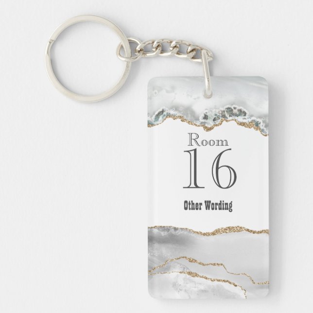 Hotel lodge resort room key faux gold white marble keychain (Front)