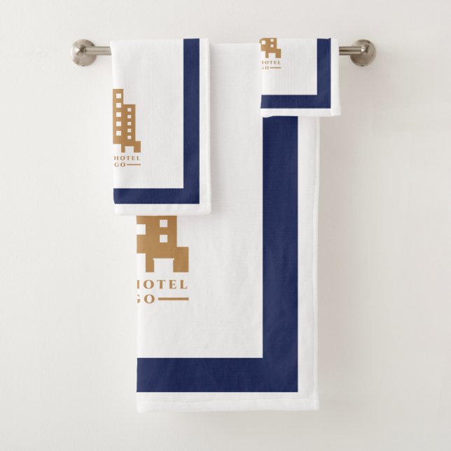 Hotel Minimalist Navy Blue White Rectangle Logo Bath Towel Set (Insitu)