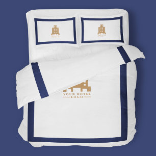 Hotel Minimalist Navy Blue White Rectangle Logo Duvet Cover