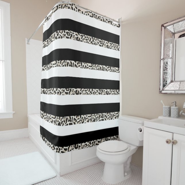 Hotel Monogram Black Rose Gold White Striped Bath  Shower Curtain (In Situ)