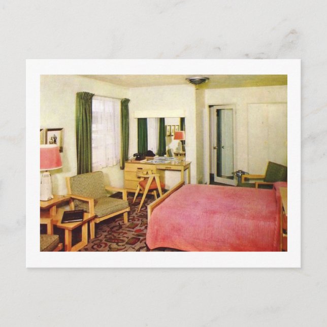 Hotel Room Interior 1950s Retro Postcard (Front)