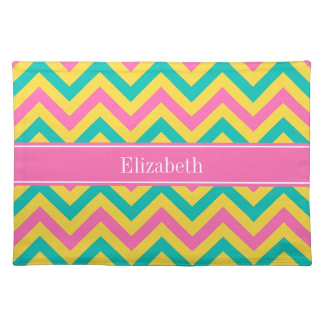 HotPink2 Teal Pineapple LG Chevron Name Monogram Cloth Placemat (Front)