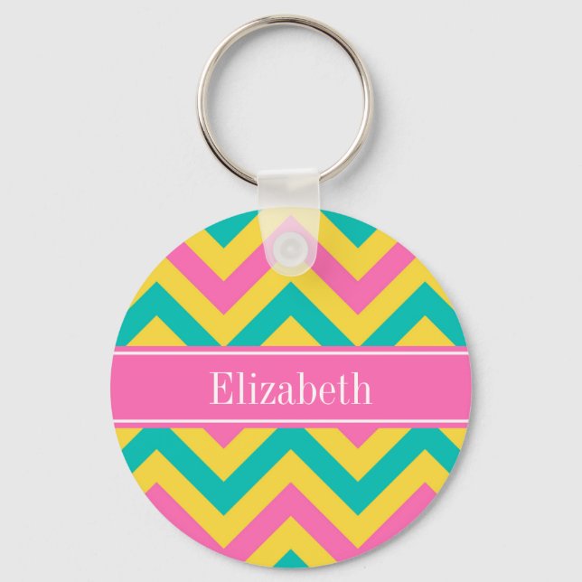 HotPink2 Teal Pineapple LG Chevron Name Monogram Keychain (Front)