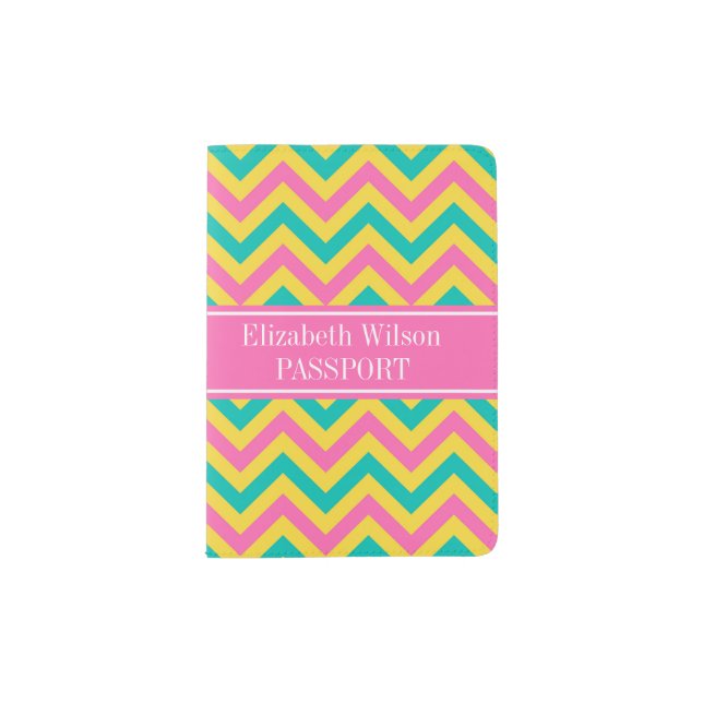 HotPink2 Teal Pineapple LG Chevron Name Monogram Passport Holder (Front)