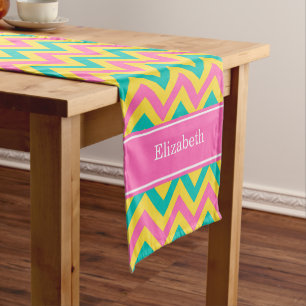 HotPink2 Teal Pineapple LG Chevron Name Monogram Short Table Runner