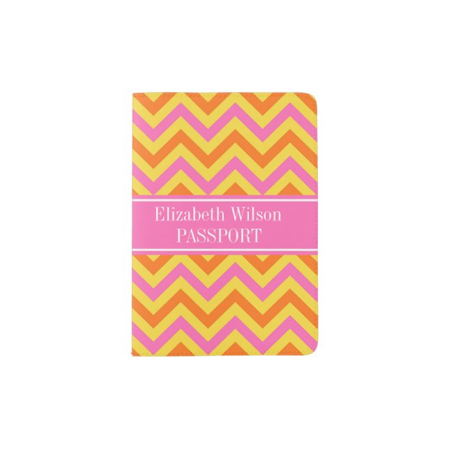 HotPink Pineapple Pumpkin LG Chevron Name Monogram Passport Holder (Front)