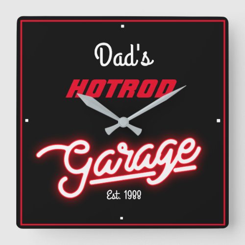Hotrod Dad Gift Garage Red Faux Neon on Black  Square Wall Clock