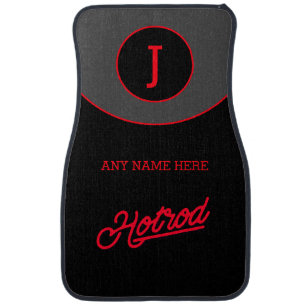 Hotrod Monogram Script Initial Red and Black Car Floor Mat